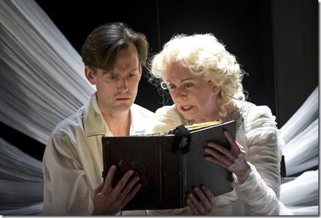 Mary Beth Fisher as the Angel and Rob Lindley as Prior, in a scene from Court Theatre's Review: Angels in America–Part Two: Perestroika (Court Theatre)