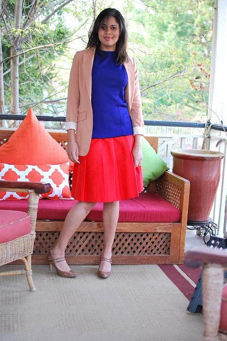 colorblocking blue red peach outfit