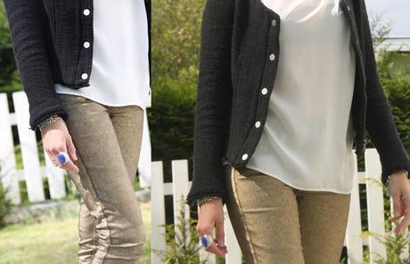 The gold jeans and the black tweed jacket The gold jeans and the black tweed jacket