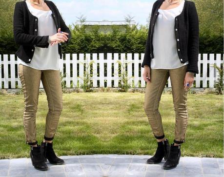 The gold jeans and the black tweed jacket The gold jeans and the black tweed jacket