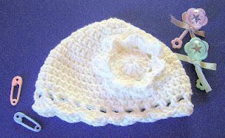 Handmade Crocheted Baby Cotton Yarn White Hat With Flower Newborn to Three Months Old