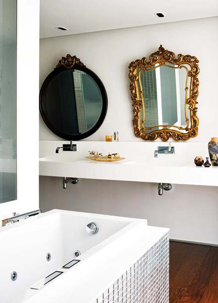 Marta Torelló bathroom ornate black gold mirrors via Nuevo Estilo Marta Torelló bathroom ornate black gold mirrors