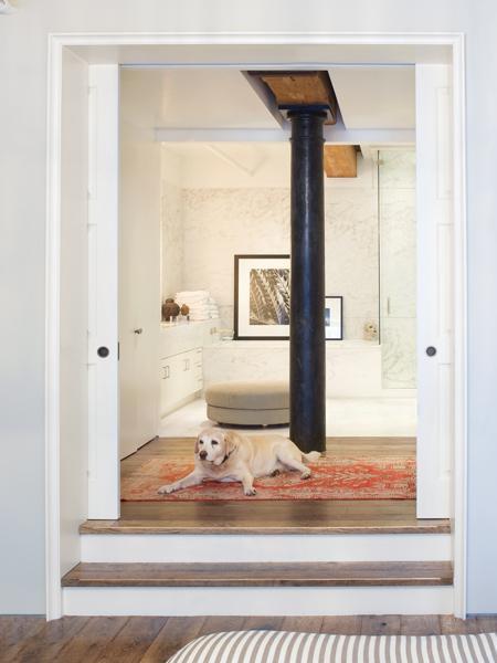 Christiane Lemieux bathroom carrera marble rug via House and Home Christiane Lemieux bathroom carrera marble rug
