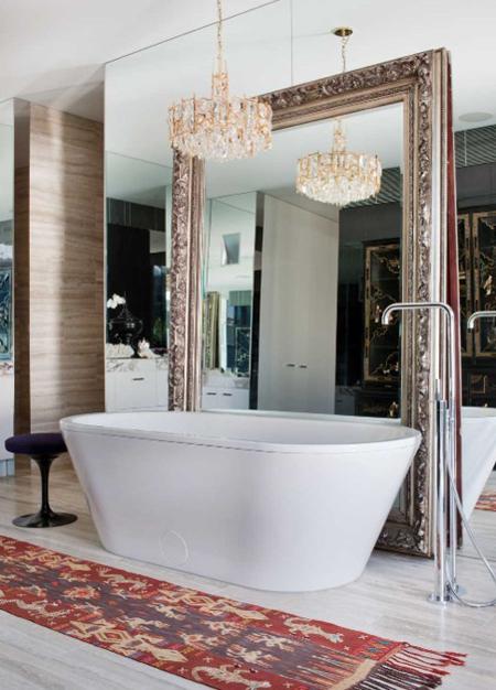 bathroom travertine mirror chandelier kilim rug (source unknown) bathroom travertine mirror chandelier kilim rug