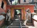 Entrance to Mahakali Temple with snow lions flanking the entrance
