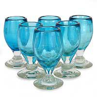 Blown glass shot glasses, 'Aqua Celebration' (set of 6) (Mexico)