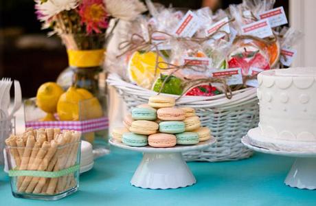retro citrus bridal shower: dessert tabletop, macarons, yellow, orange, Tiffany blue PHOTOS // Retro Citrus Bridal Shower