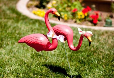 retro citrus bridal shower: his/her lawn flamingos PHOTOS // Retro Citrus Bridal Shower