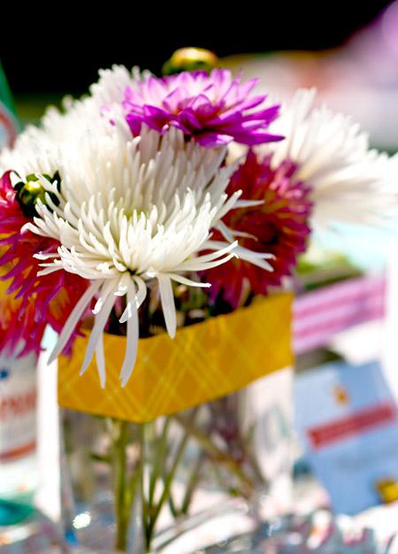 retro citrus bridal shower: flowers, white mums, pink, coral, purple, ribbon wrapped vases PHOTOS // Retro Citrus Bridal Shower