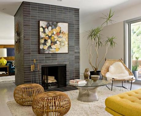 Jamie Bush, living room, Platner table, rattan poufs, fur, mid-century-modern HOUSE PLANTS // Cheap Trick