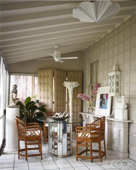 veranda, Larry Lazlo, white, mirrored table, rattan chairs, tufted screen HOUSE PLANTS // Cheap Trick