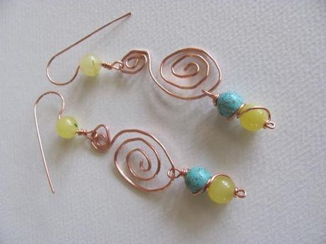 2 Hammered Copper Lemon & Turqouise Earrings