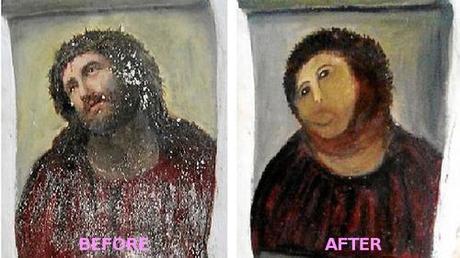 “The once-dignified portrait now resembles a crayon sketch... “The once-dignified portrait now resembles a crayon sketch of a very hairy monkey in an ill-fitting tunic, he says.”
I like it better the new way.
(Read more about how an 80-something year old woman took it upon herself to restore a 19th century fresco in Spain.)
