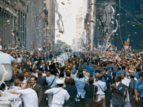 A ticker tape parade down Broadway and Park Avenue welcomes the Apollo 11 crew after their...