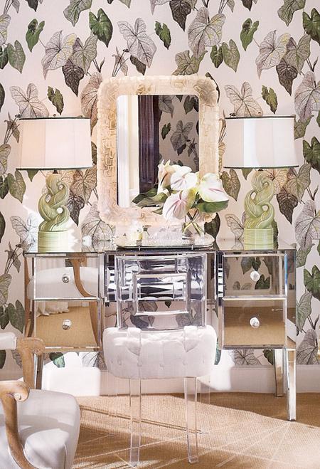 tropical wallpaper mirrored vanity glam lucite stool