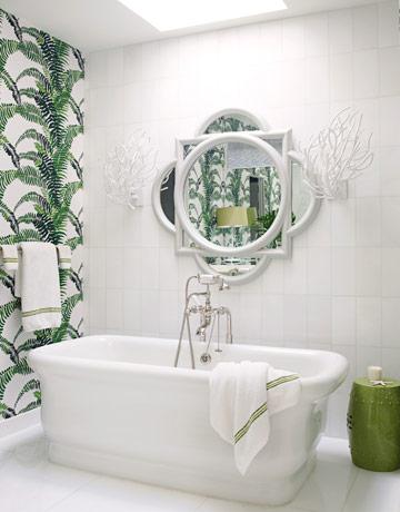 tropical fern wallpaper white bathroom