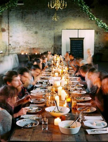 Big-Table-Wedding-Indoor-Chandelier-People-Gathering-Feast-Reception fall wedding inspiration: the family feast