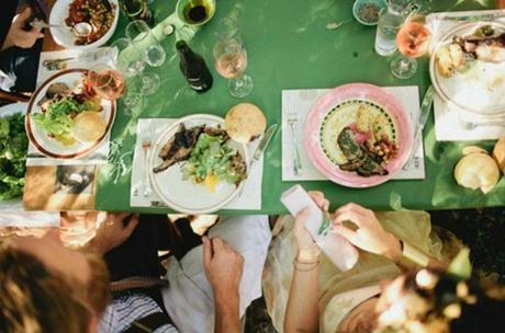 Outdoor-Wedding-Party-Food-Pink-Plates-Green-Table-Feast-Lunch-Daytime fall wedding inspiration: the family feast