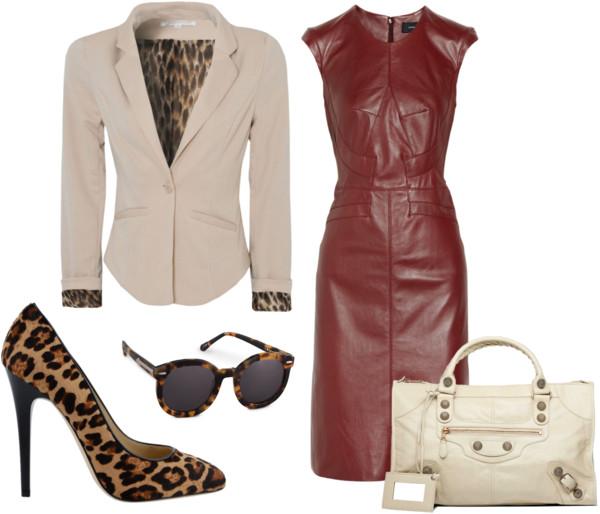 I think this is The Perfect Fall Outfit. Leopard and Leather are “it” items for Fall. Love the leather dress burgundy…. now if only I had a few thousand to spare! 