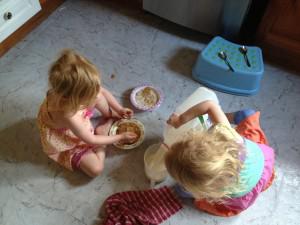 The girls making their own breakfast