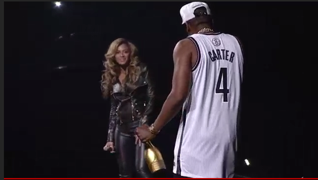 JAY-Z & Beyonce doing the Power Couple thing on stage at The Barclays Center last night
