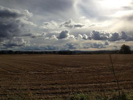 Sun, clouds and a harvested wheat field