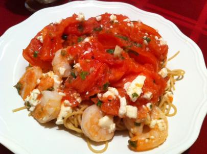 Roasted Tomatoes, Shrimp and Feta Spaghetti