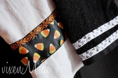 Ribbon Trimmed Halloween Dish Towels