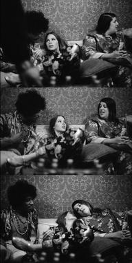 Jimi Hendrix, Michelle Phillips and Cass Elliot (of the Mamas & the Papas) backstage at the Hollywood Bowl, 1967