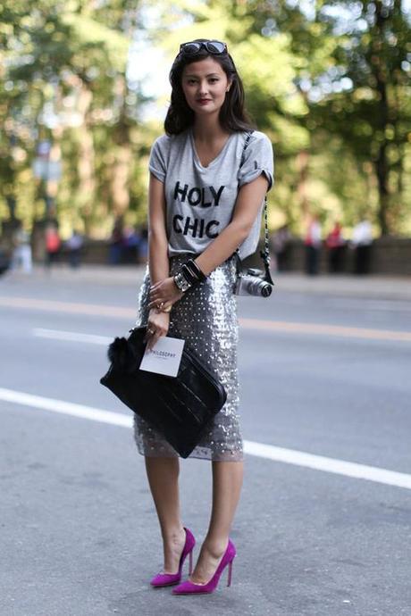 holy chic tee, sequin skirt, Peony Lim at NYFW