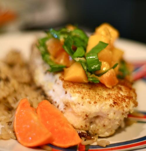Grilled Halibut topped with Mango Basil Salsa