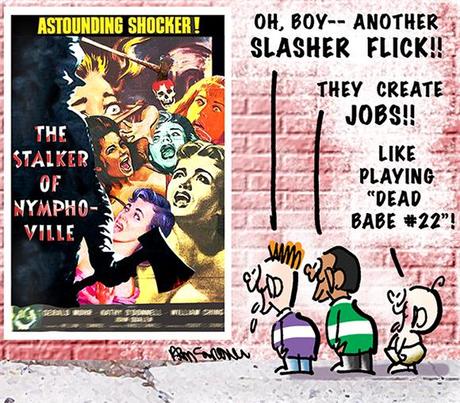 SlasherMovie.detail2 detail image of editorial cartoon making fun of former commerce secretary Gary Locke and Representative Henry Waxman, Democrat, California, for praising Hollywood films for reflecting American freedoms and ignoring fact that so many of them are junk and filled with violence and a bad influence