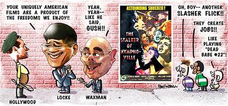 SlasherMovie.final editorial cartoon making fun of former commerce secretary Gary Locke and Representative Henry Waxman, Democrat, California, for praising Hollywood films for reflecting American freedoms and ignoring fact that so many of them are junk and filled with violence and a bad influence
