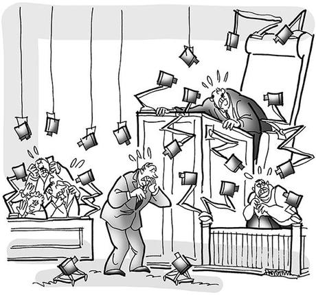 SecurityCameras.final cartoon illustration for legal magazine humor feature about strange lawsuits, suit involved rap singer Flo Rida who refused to pay for home security system, cartoon shows courtroom filled with security cameras watching everyone's movements