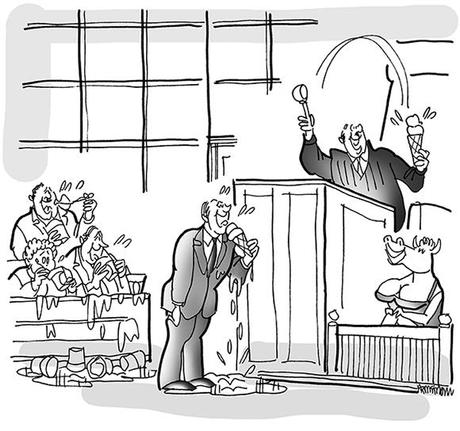 BustyBossy.final cartoon illustration for strange lawsuit magazine humor feature involving porn movie maker who based his porno film titles on Ben & Jerry's ice cream flavor names, busty cow porn movie starlet on witness stand while judge, lawyer, and jury eat ice cream
