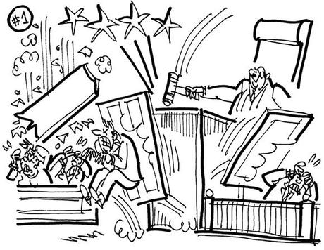Ruff1 cartoon illustration for strange lawsuit involving windblown plywood that caused injury, judge slamming gavel causing panels of judge's bench to fly off and hit lawyer and witness, and ceiling to fall on jurors