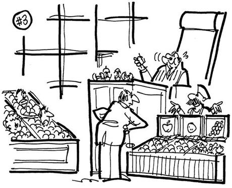 Ruff3 cartoon illustration about lawsuit involving Apple Computer and a Polish grocer's website domain name, grocer in witness box using computer screens as signs for his fruit bins, judge eating apples, jurors buried in fruit bins