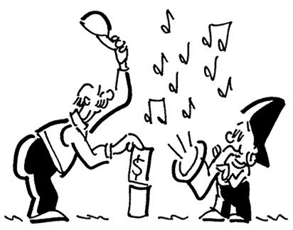single cartoon panel showing Busker the street musician playing his saxophone and man is showing his appreciation by putting money into Busker's tin can
