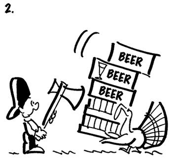 second panel of Thanksgiving comic strip about Busker the street musician and he's hunting with ax and meets turkey carrying cases of beer in opposite direction