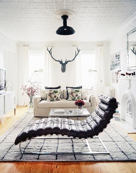 Brooklyn apt living room, white, floral, fur, antlers, floor lamps, chaise, Michelle Adams, Lonny Nov12