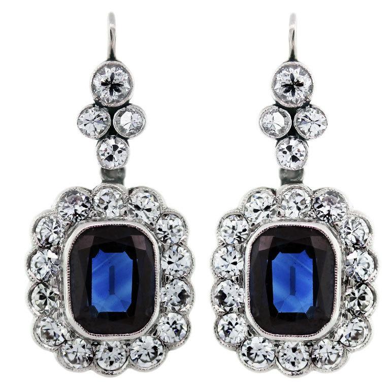 6 Carat Blue Sapphires, Diamonds, and Platinum Earrings 6 Carat Blue Sapphires, Diamonds, and Platinum Earrings