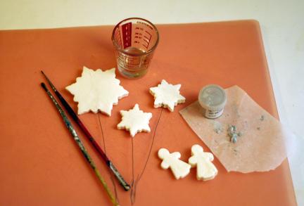 Gum paste snowflakes and angels with brushes, alcohol and luster dust