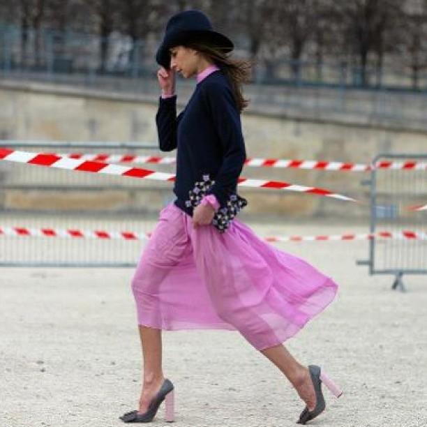 #streetfashion #streetstyle #lavender #lilac #chiffon #skirt #coat #black #fashion #winter #style #pink #hat #shoes #heels