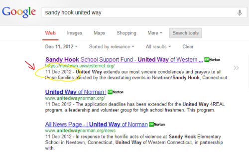 Sandy Hook RIP/donation webpages created BEFORE the massacre United Way Google