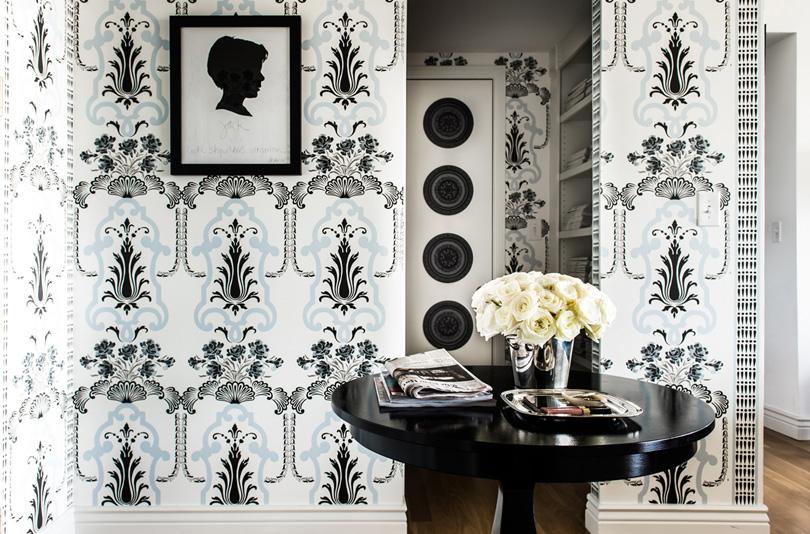 Color Roundup: Using Black in Interior Design black-blue-feminine-wallpaper-art-nouveau Janet Rice home from the Lennox