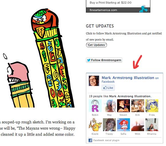 screen shot of Mark Armstrong Illustration WordPress blog showing Fine Art America shop for prints ad, Get Updates button, follow mrstrongarm on Twitter button, and Facebook Like Box widget displaying in blog sidebar