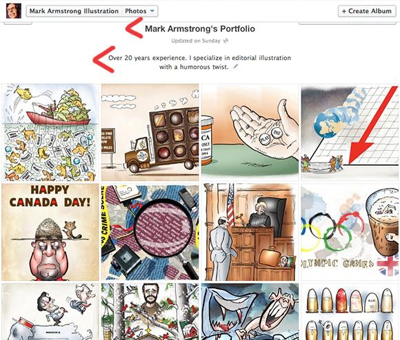 screen shot of Mark Armstrong's Portfolio album on Facebook business page showing thumbnail images of the 20 illustrations in Mark's portfolio with album name and description indicating Mark has over 20 years experience and his specialty is humorous illustration