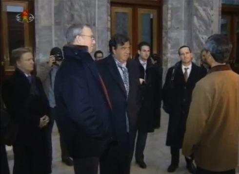 Google Executive Chairman Eric Schmidt (2nd L) and former New Mexico Governor Bill Richardson (3rd L) begin a tour of the Grand People's Study House in central Pyongyang on 9 January 2013 (Photo: KCTV screengrab)