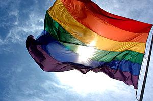 Rainbow flag flapping in the wind with blue sk... Rainbow flag flapping in the wind with blue sk...