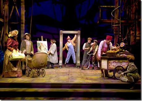 Pinocchio (Skyler Adams, center) leaves Geppetto’s house, entering the exciting world outside in Chicago Shakespeare Theater’s world premiere musical Review: Adventures of Pinocchio (Chicago Shakespeare)